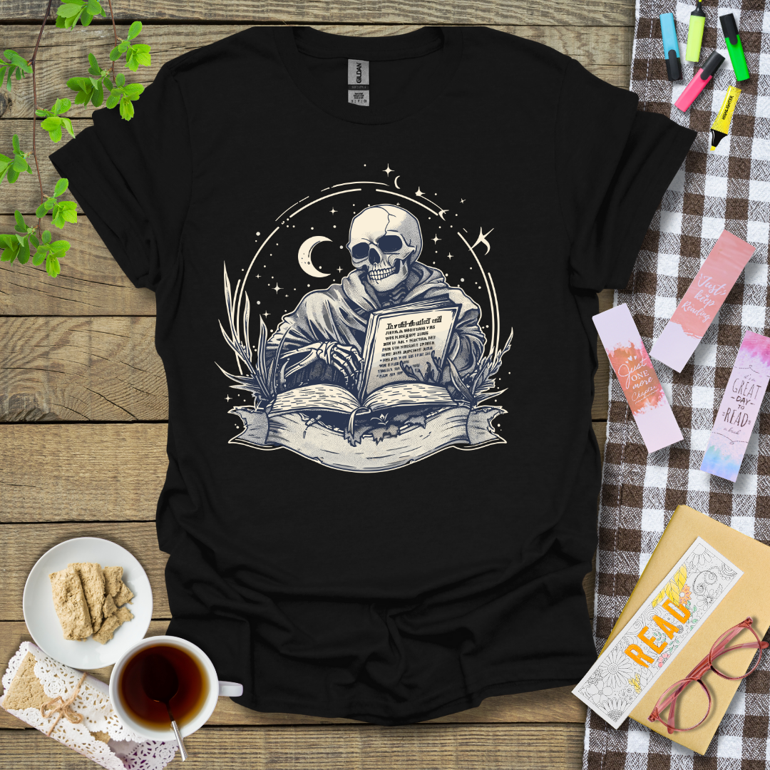 Smiling Reading Skeleton Graphic T Shirt