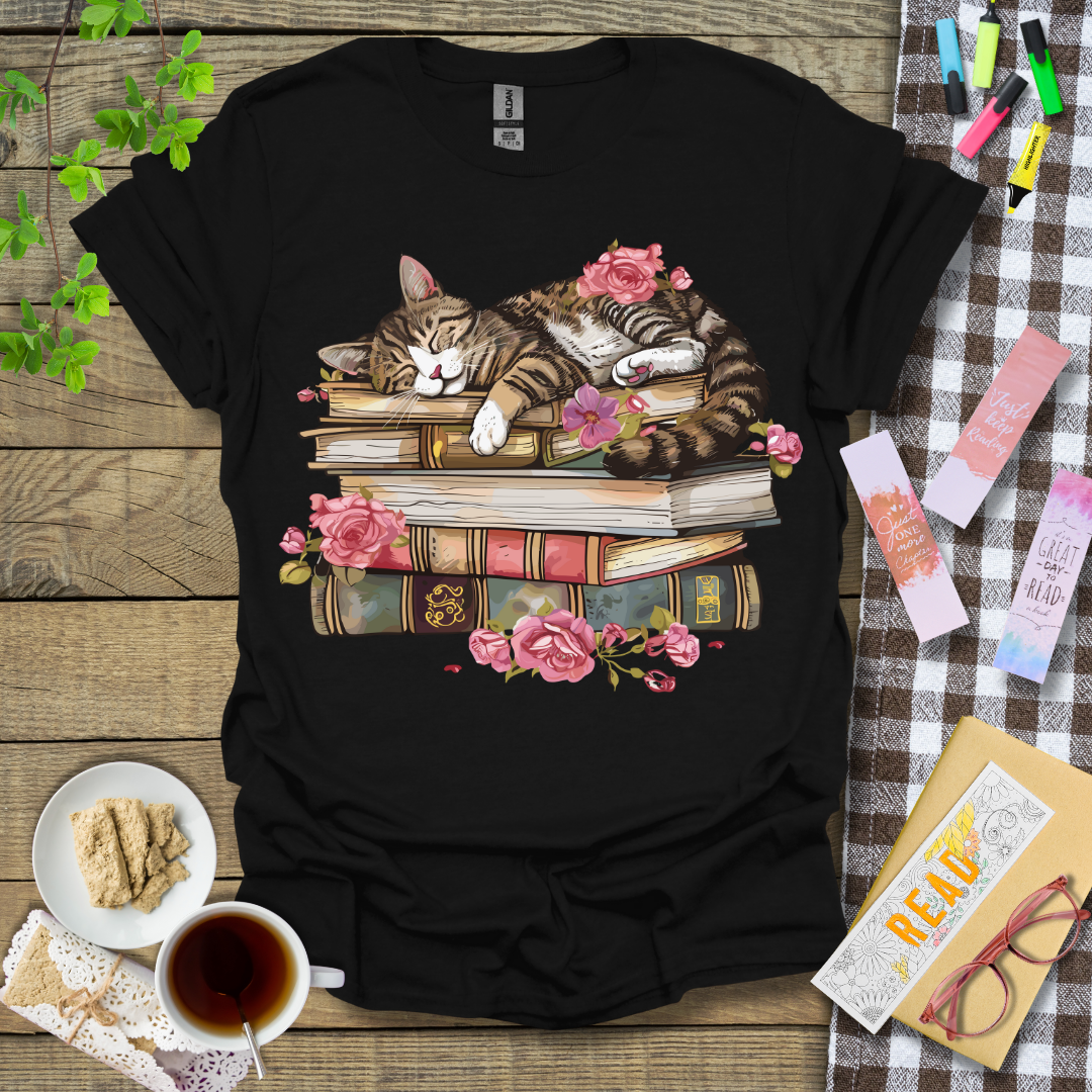 Cute Sleeping Cat On Top Of A Book Graphic T Shirt
