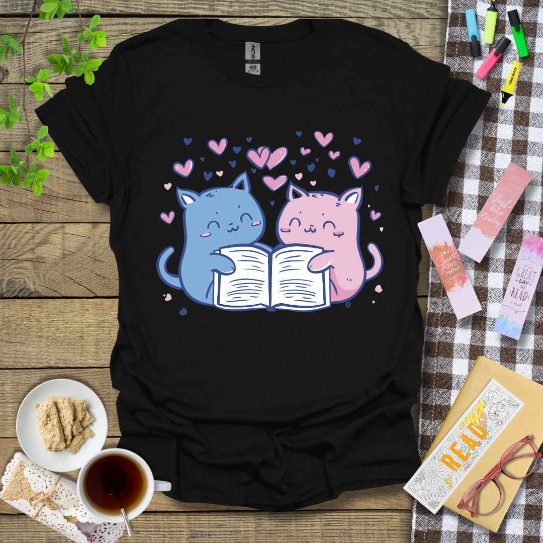 Cute Cat Couple Reading A Book Graphic T Shirt