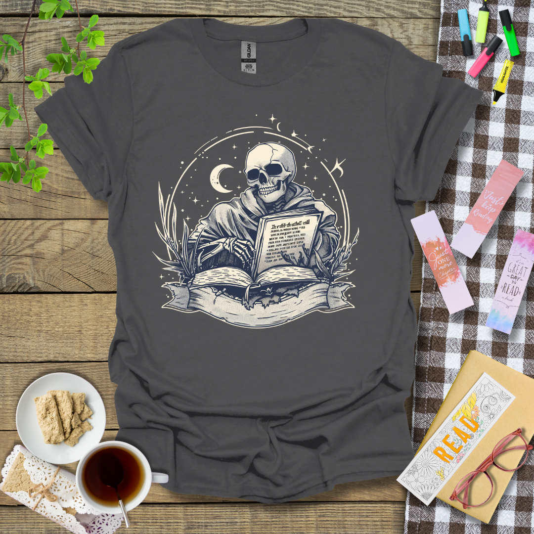 Smiling Reading Skeleton Graphic T Shirt