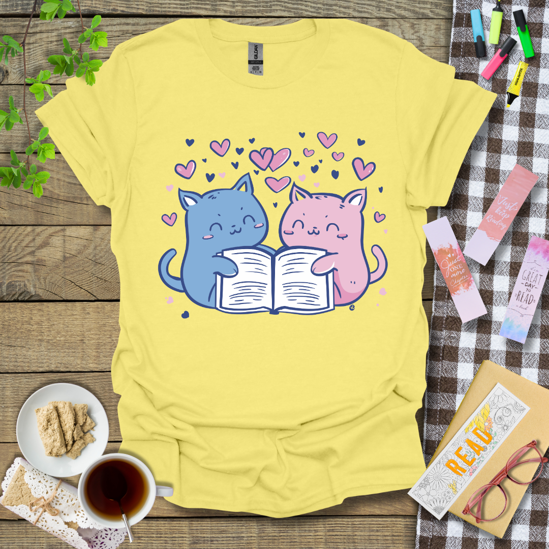 Cute Cat Couple Reading A Book Graphic T Shirt