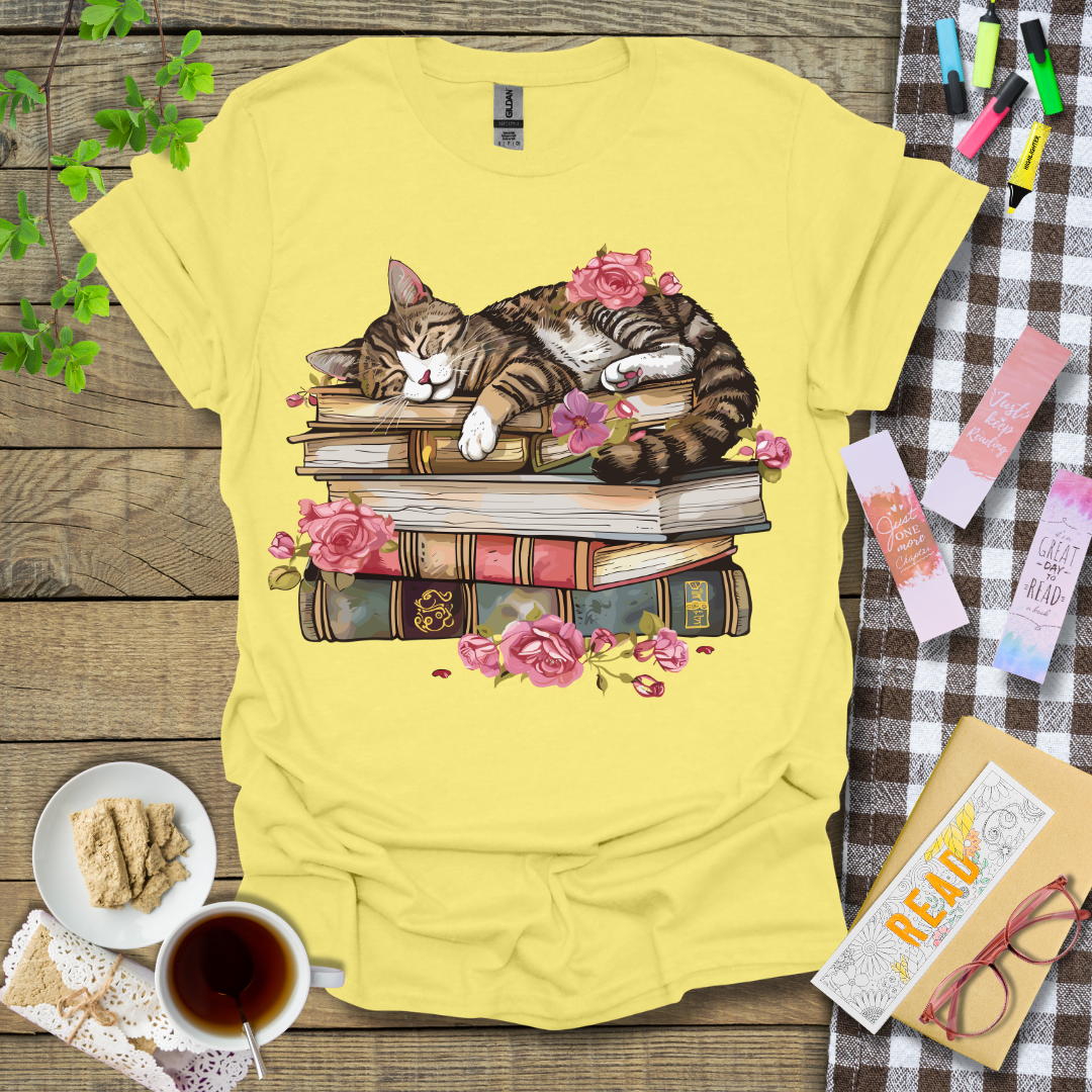 Cute Sleeping Cat On Top Of A Book Graphic T Shirt
