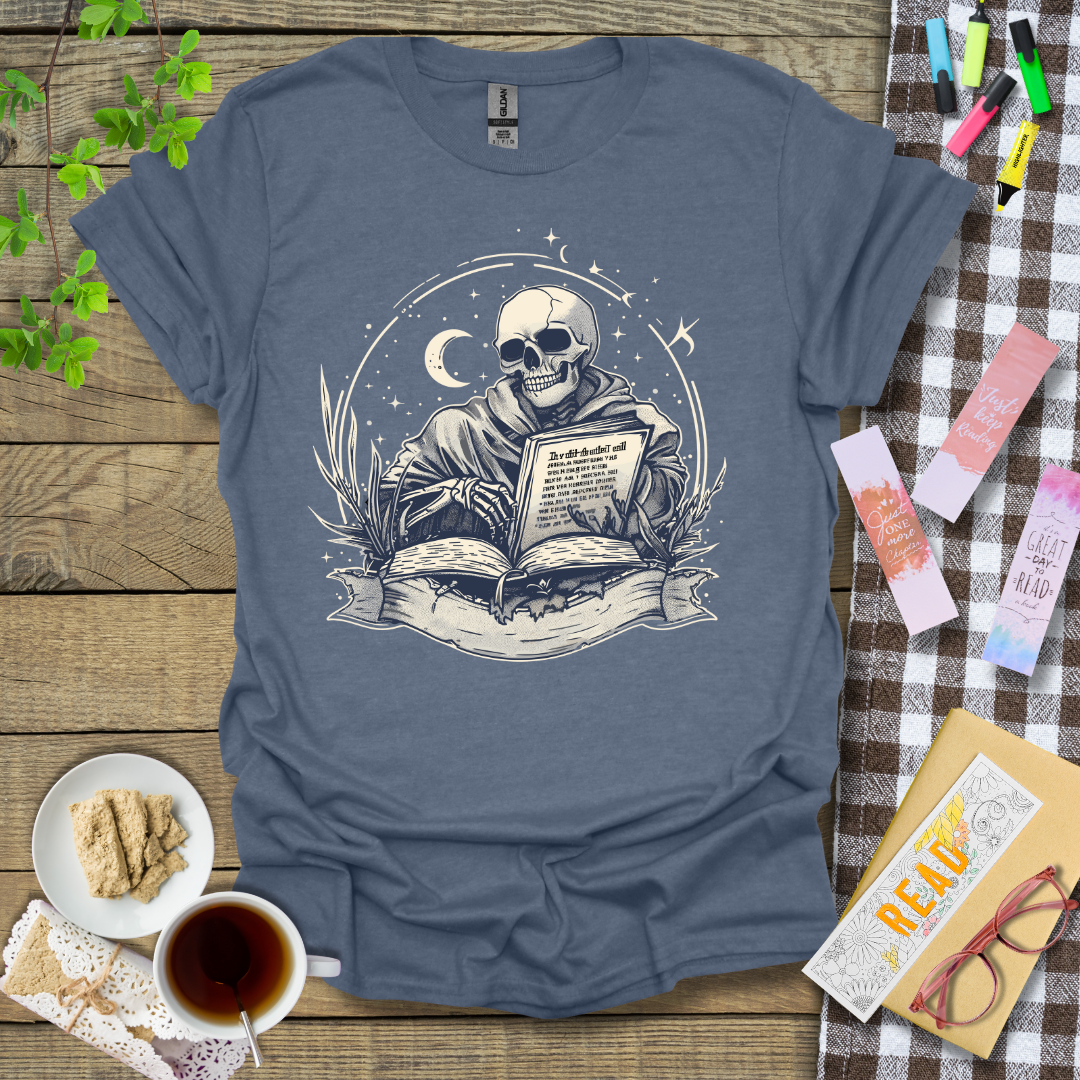 Smiling Reading Skeleton Graphic T Shirt