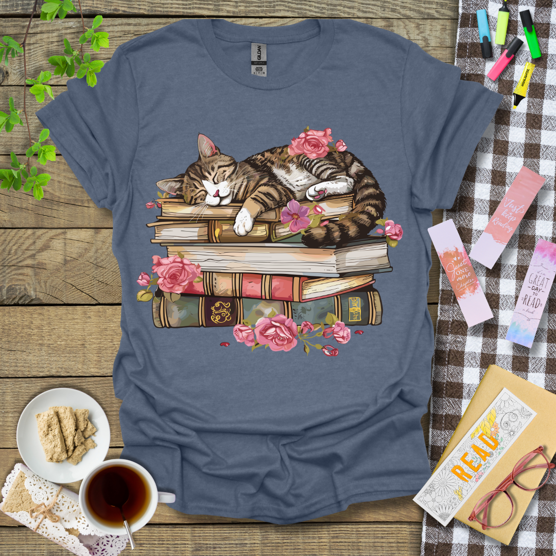 Cute Sleeping Cat On Top Of A Book Graphic T Shirt