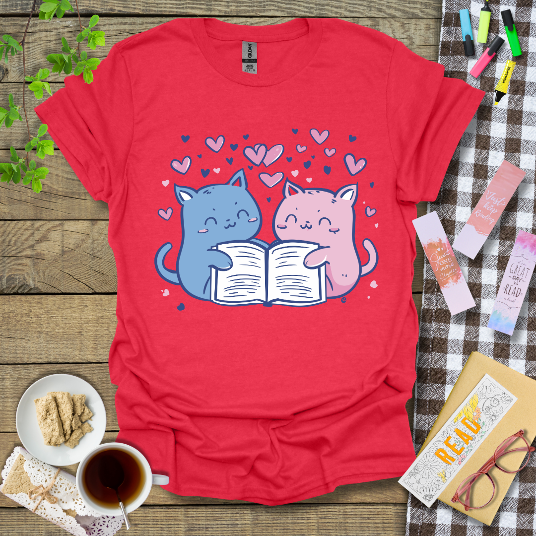 Cute Cat Couple Reading A Book Graphic T Shirt