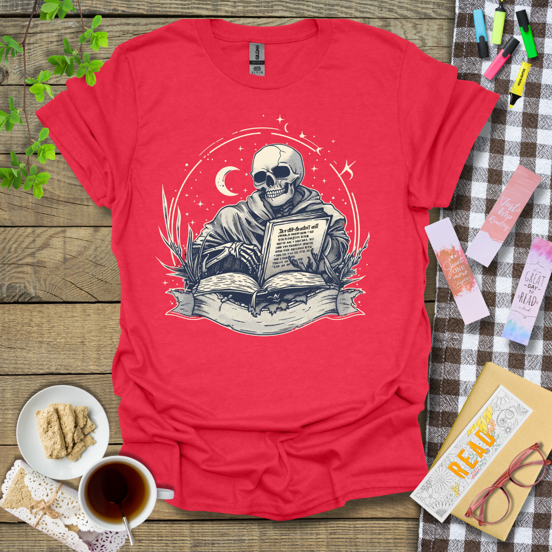 Smiling Reading Skeleton Graphic T Shirt