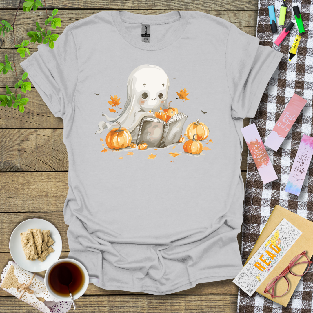 Cute Halloween Ghost Reading a Book Graphic T Shirt