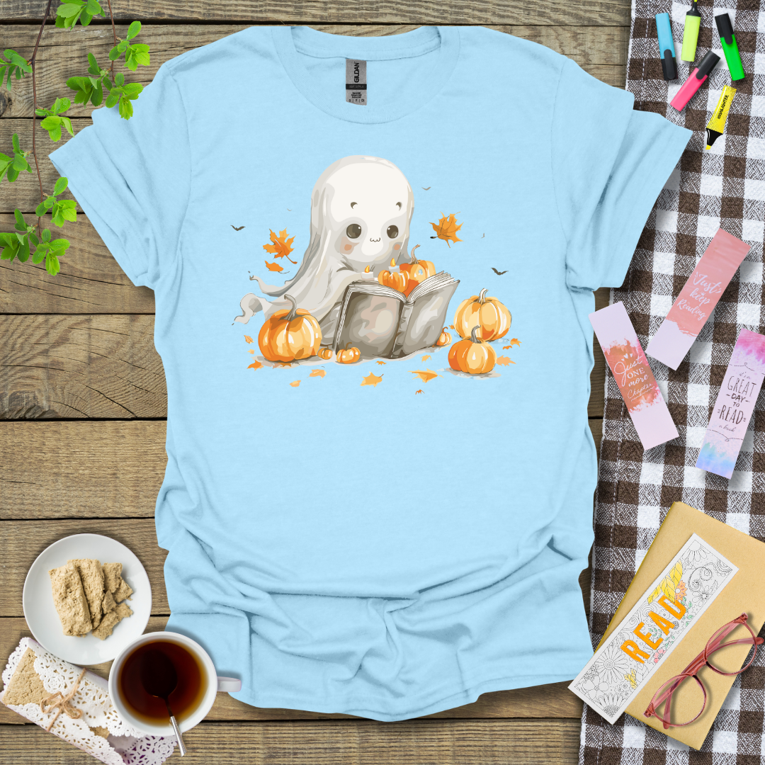 Cute Halloween Ghost Reading a Book Graphic T Shirt