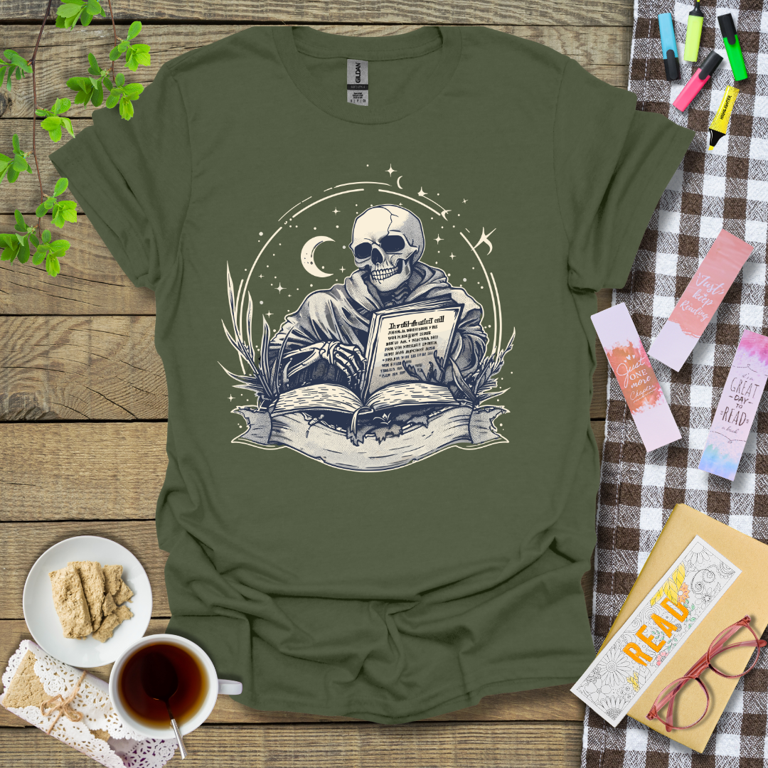 Smiling Reading Skeleton Graphic T Shirt