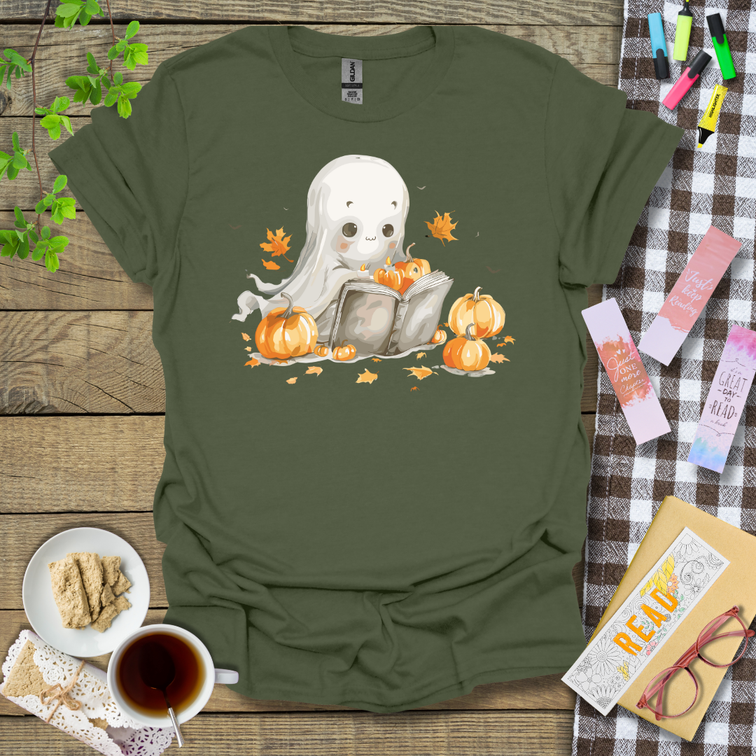 Cute Halloween Ghost Reading a Book Graphic T Shirt