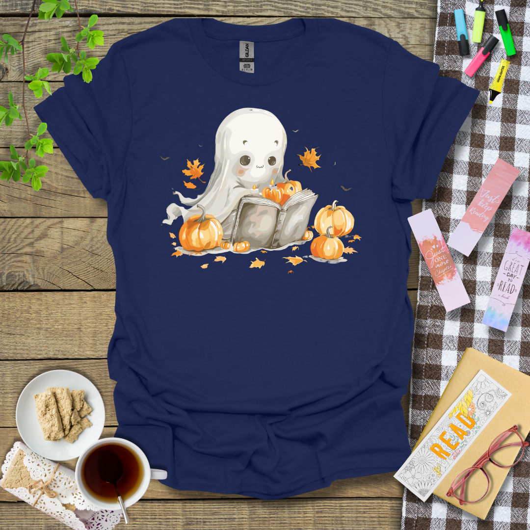 Cute Halloween Ghost Reading a Book Graphic T Shirt