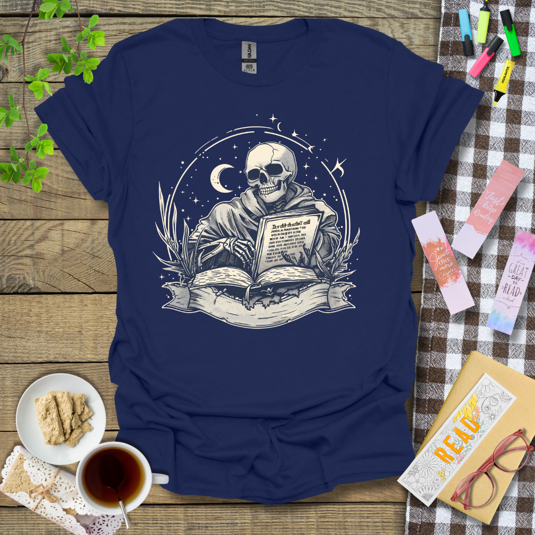 Smiling Reading Skeleton Graphic T Shirt