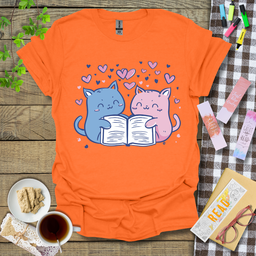 Cute Cat Couple Reading A Book Graphic T Shirt