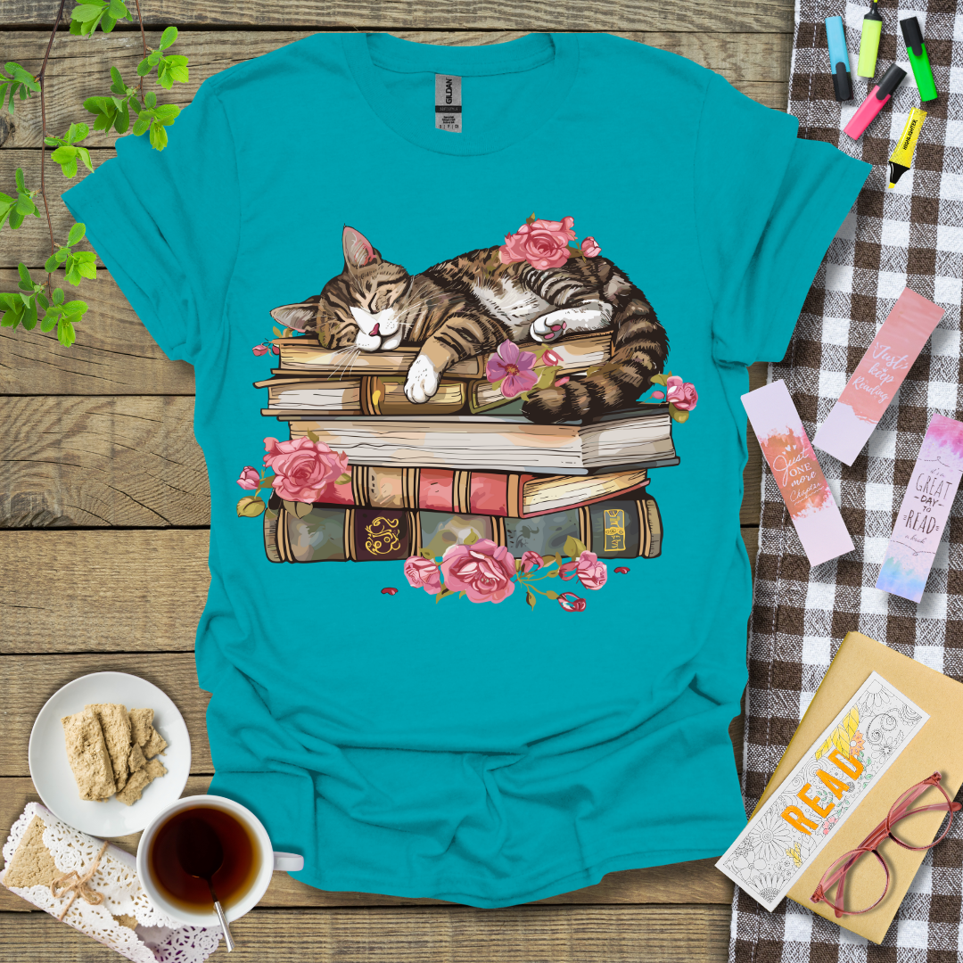 Cute Sleeping Cat On Top Of A Book Graphic T Shirt