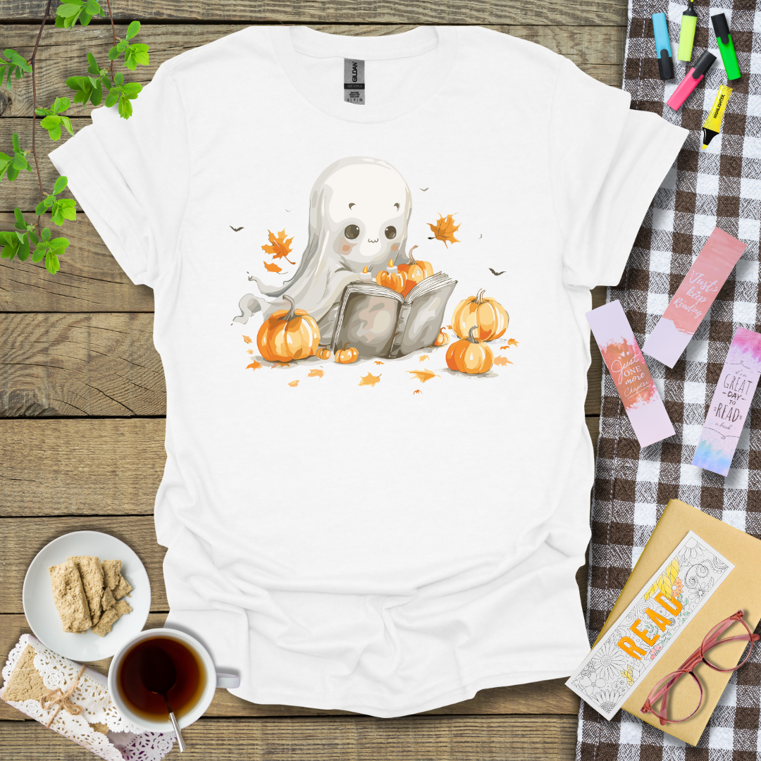 Cute Halloween Ghost Reading a Book Graphic T Shirt