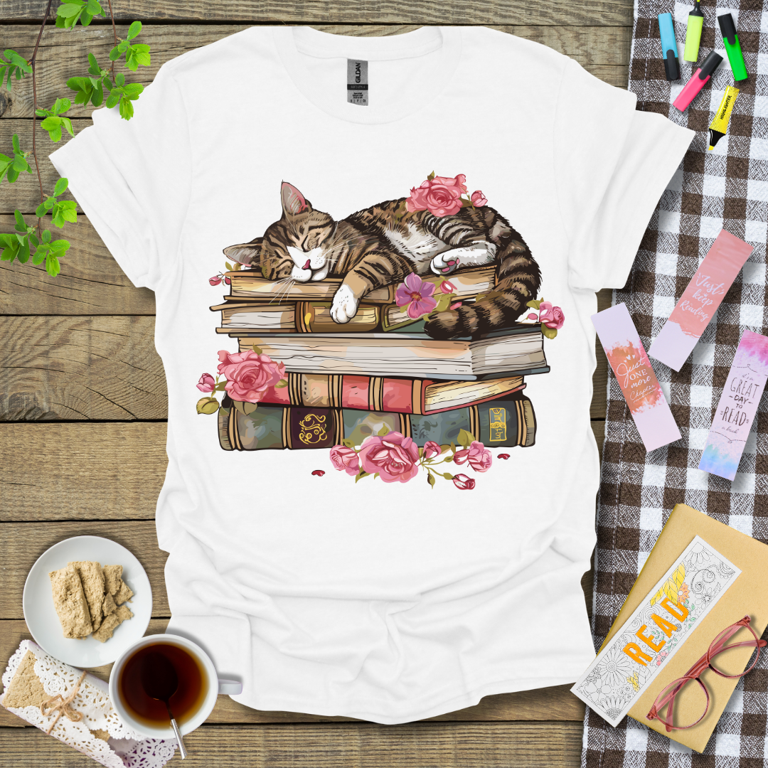 Cute Sleeping Cat On Top Of A Book Graphic T Shirt