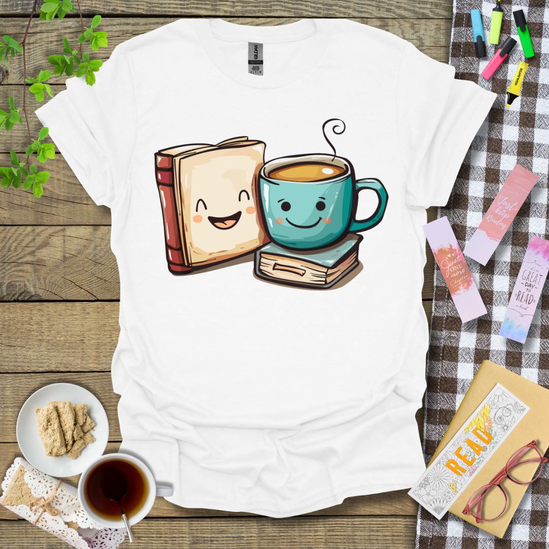 Book and Coffee Graphic T Shirt