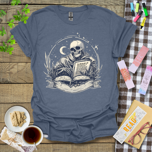 Smiling Reading Skeleton Graphic T Shirt