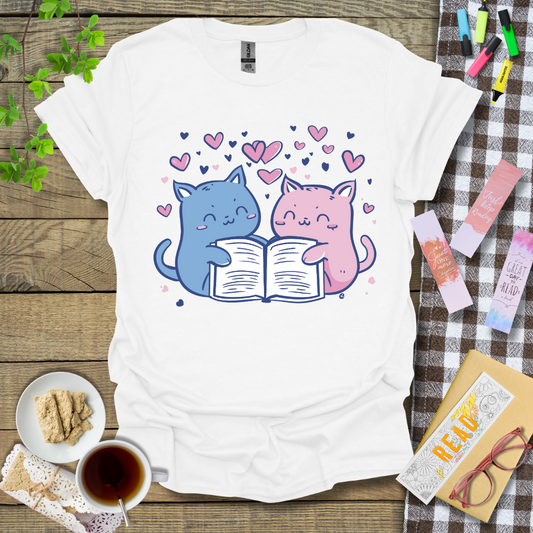 Cute Cat Couple Reading A Book Graphic T Shirt